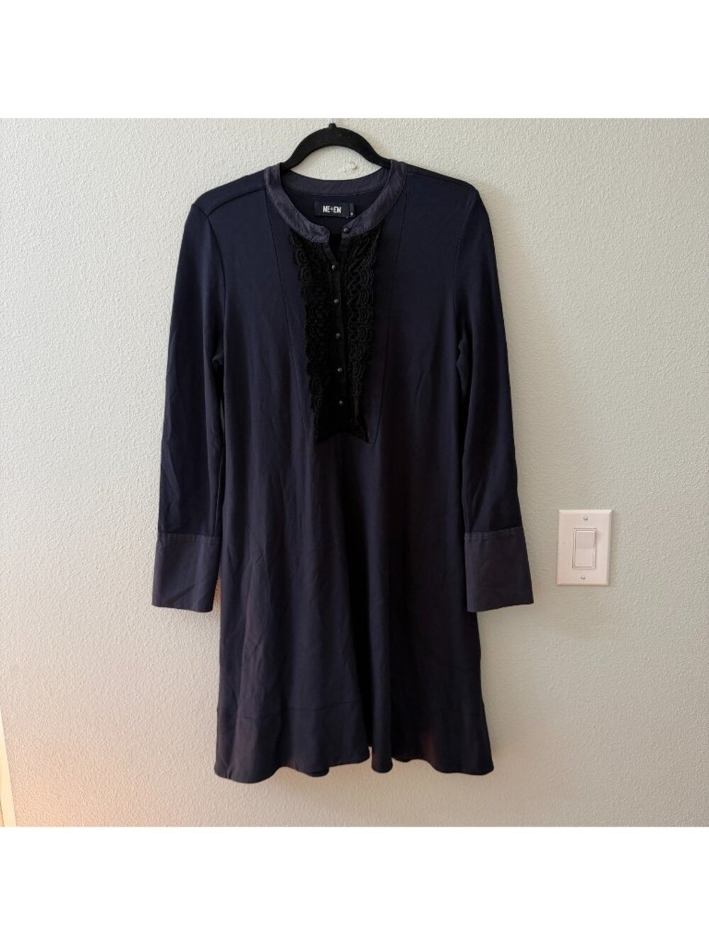 Me + Em Navy Blue Lace Front Ponte Knit Dress Womens size 12 *missing button